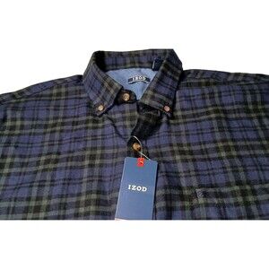 IZOD Tartan Mens Long Sleeve Button Down Green Blue Plaid Size L Contrast Cuff